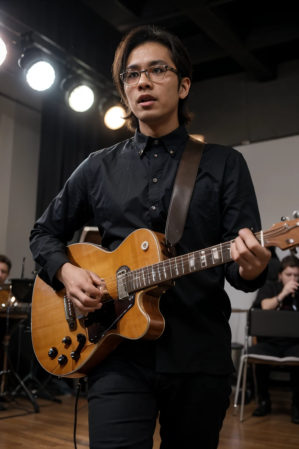 A Malay man lead guitarist, takes the center stage during a concert, wear black framed spectacle with energetically performs intense and (rhythmic strumming) style with expertly (dexterous fingerwork), performs alongside an orchestra, (ensemble coordination) between the lead guitarist and the orchestra, focal point of the image is the lead guitarist in action, full body, fidelity realistic 8k uhd