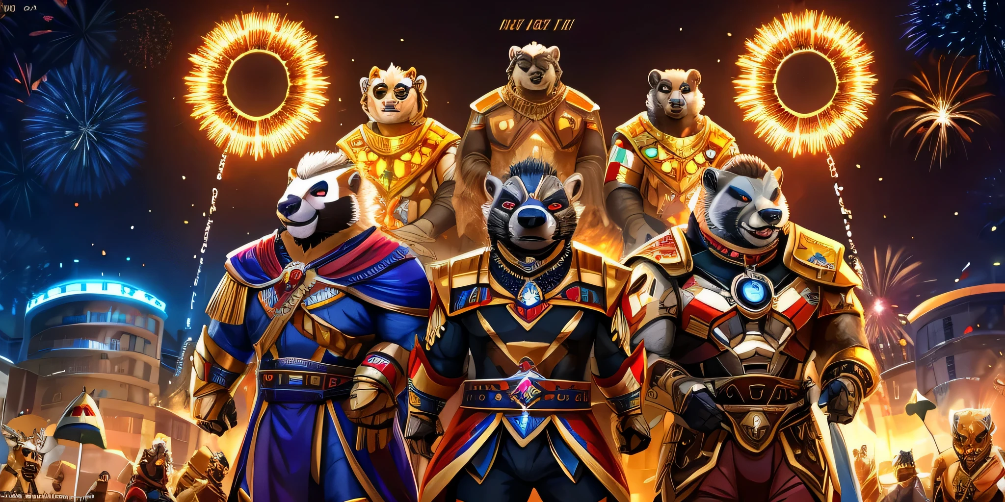 There is a majestic mecha honey badger ahead，like someone from the future，Show your royal temperament，A group of humanoid honey badgers wearing robotic suits，HD quality，New Year atmosphere