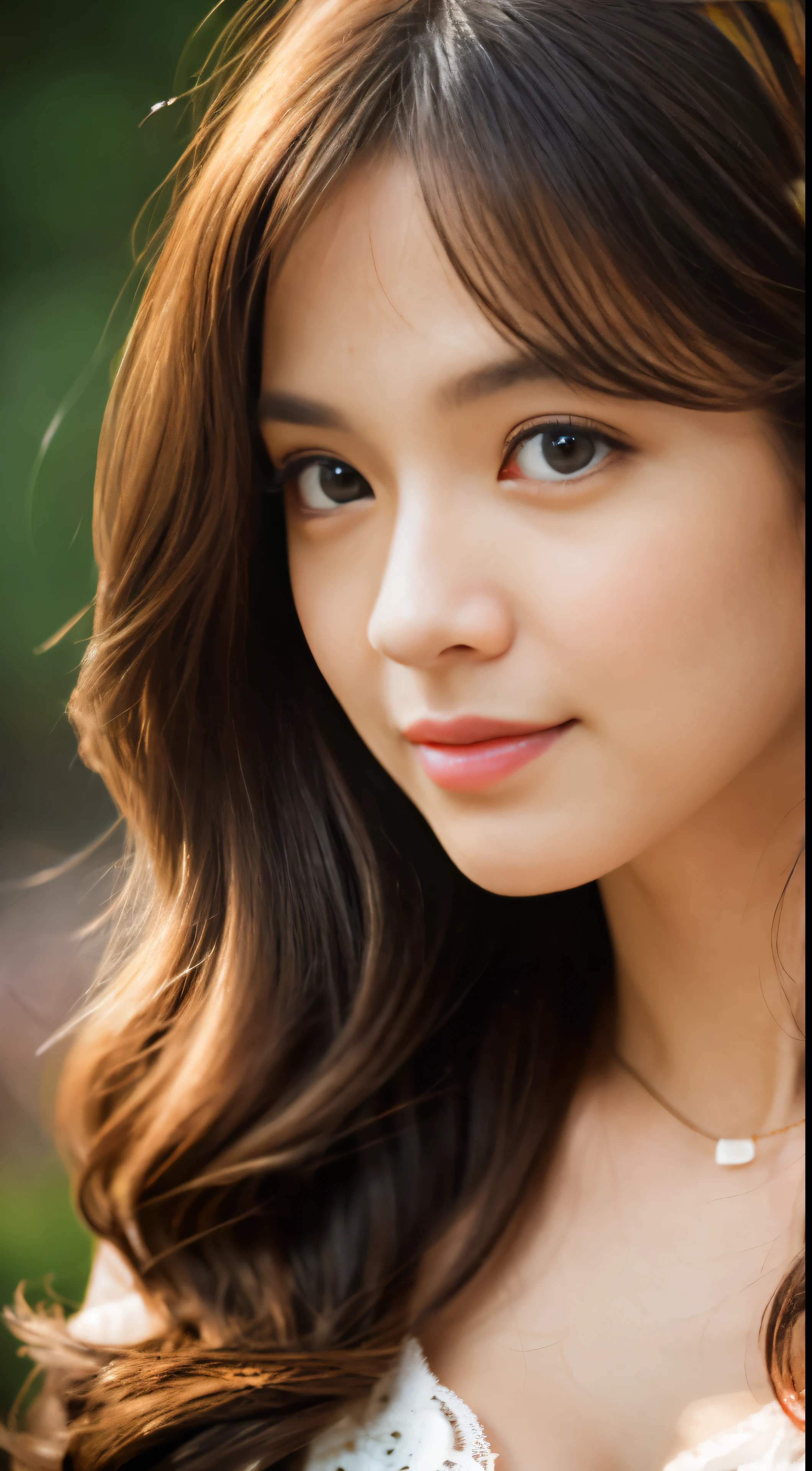 Night, Raw photography, (((Very beautiful portrait))), (Very beautiful portrait))), 1 girl, Sexy 25 year old girl, ((Long Hair Natural Brown Hair)), [Brown eyes],Gentle smile staring at the camera(cleavage), ((masutepiece, Best Quality, Ultra Detail, Cinematic lights, intricate detailes, High Definition, 8K, Very detailed)), Detail Background, 8K UHD, Digital SLR, Soft lighting, High quality, Film grain, 富士XT3, Shallow depth of field, Natural light, Perfect face