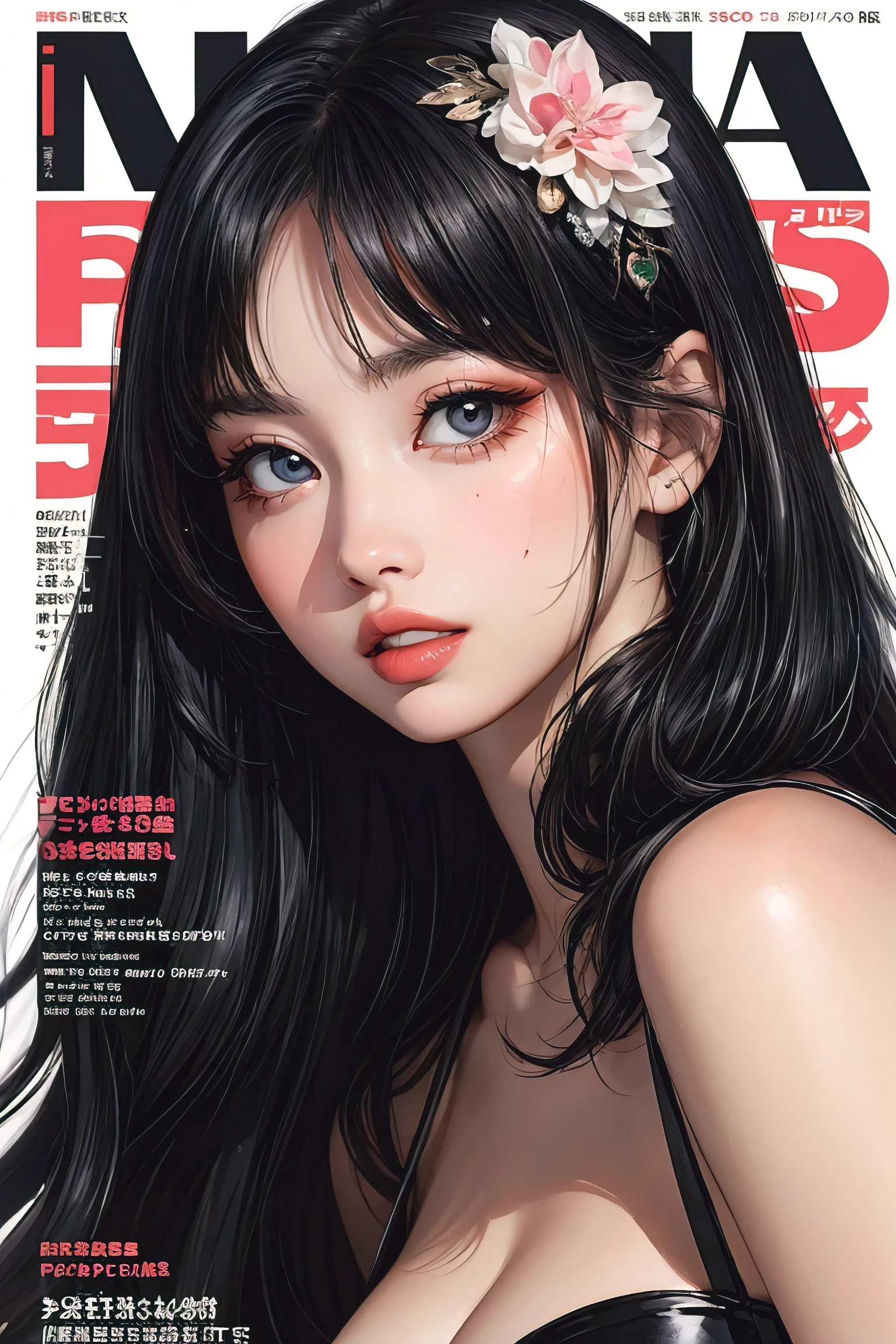 (magazine cover:1.3), "FACE", photorealistic, lip gloss, painting, realistic, best quality, ultra high resolution, depth, pastel color, natural shading, focus on face, face only, looking at viewer, long hair, hair accessory, black hair, brown and well detailed eyes, Dress