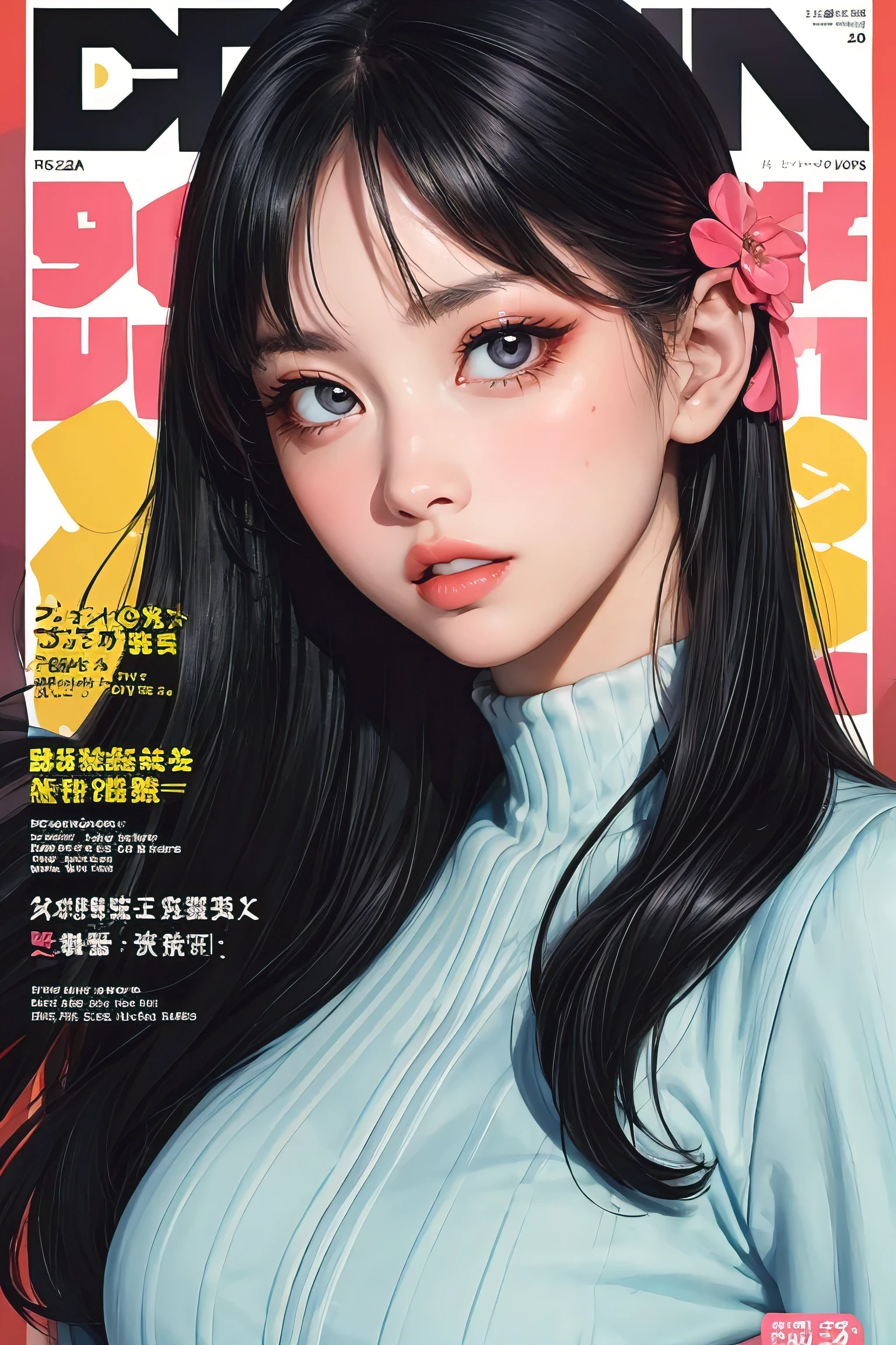 (magazine cover:1.3), "FACE", photorealistic, lip gloss, painting, realistic, best quality, ultra high resolution, depth, pastel color, natural shading, focus on face, face only, looking at viewer, long hair, hair accessory, black hair, brown and well detailed eyes, Dress