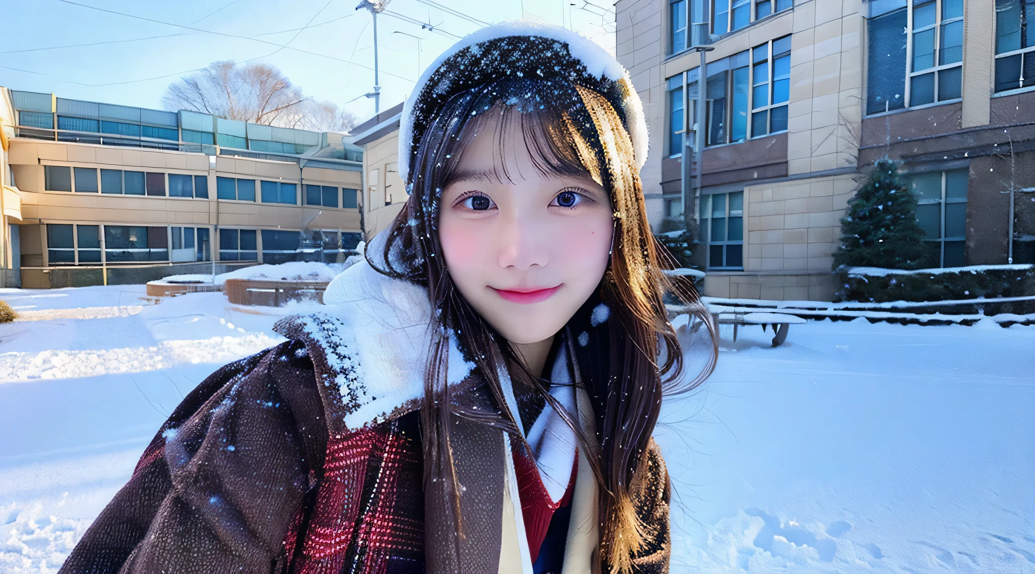 Cute 18-year-old schoolgirl、Snow in the background