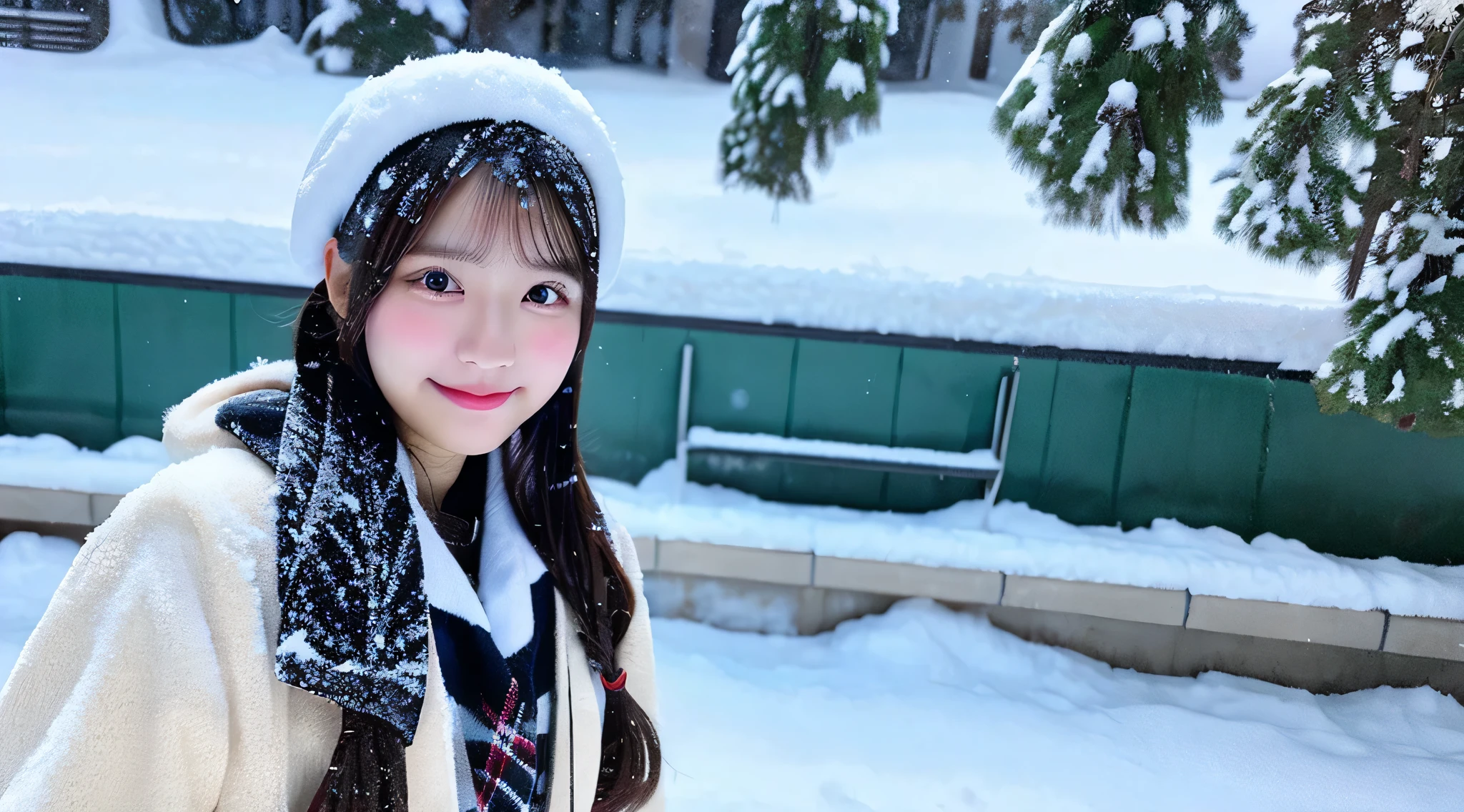 Cute 18-year-old schoolgirl、Snow in the background