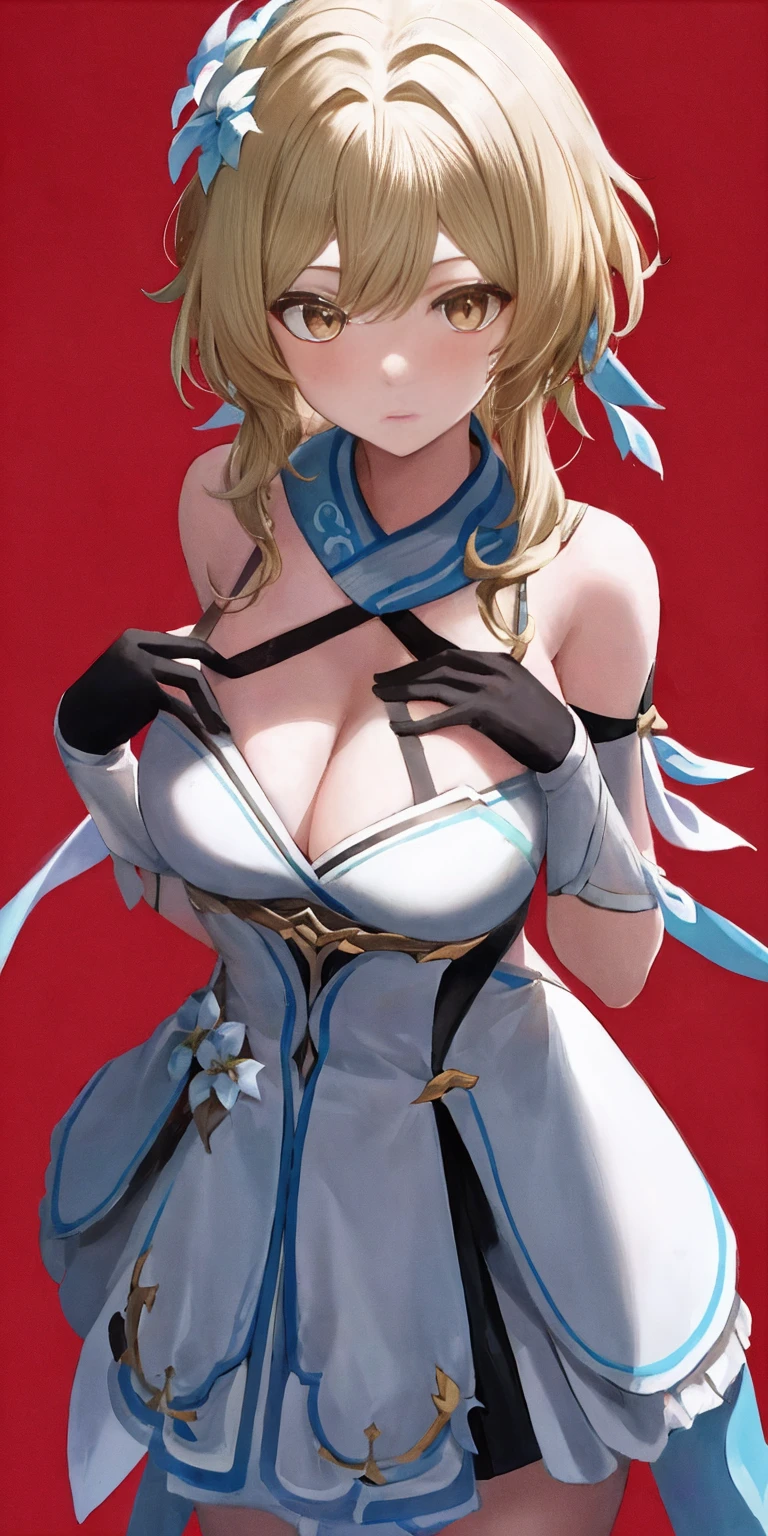 1girl in, 独奏, Luminedev, cleavage of the breast, Standing Roux, (look from down), Red background