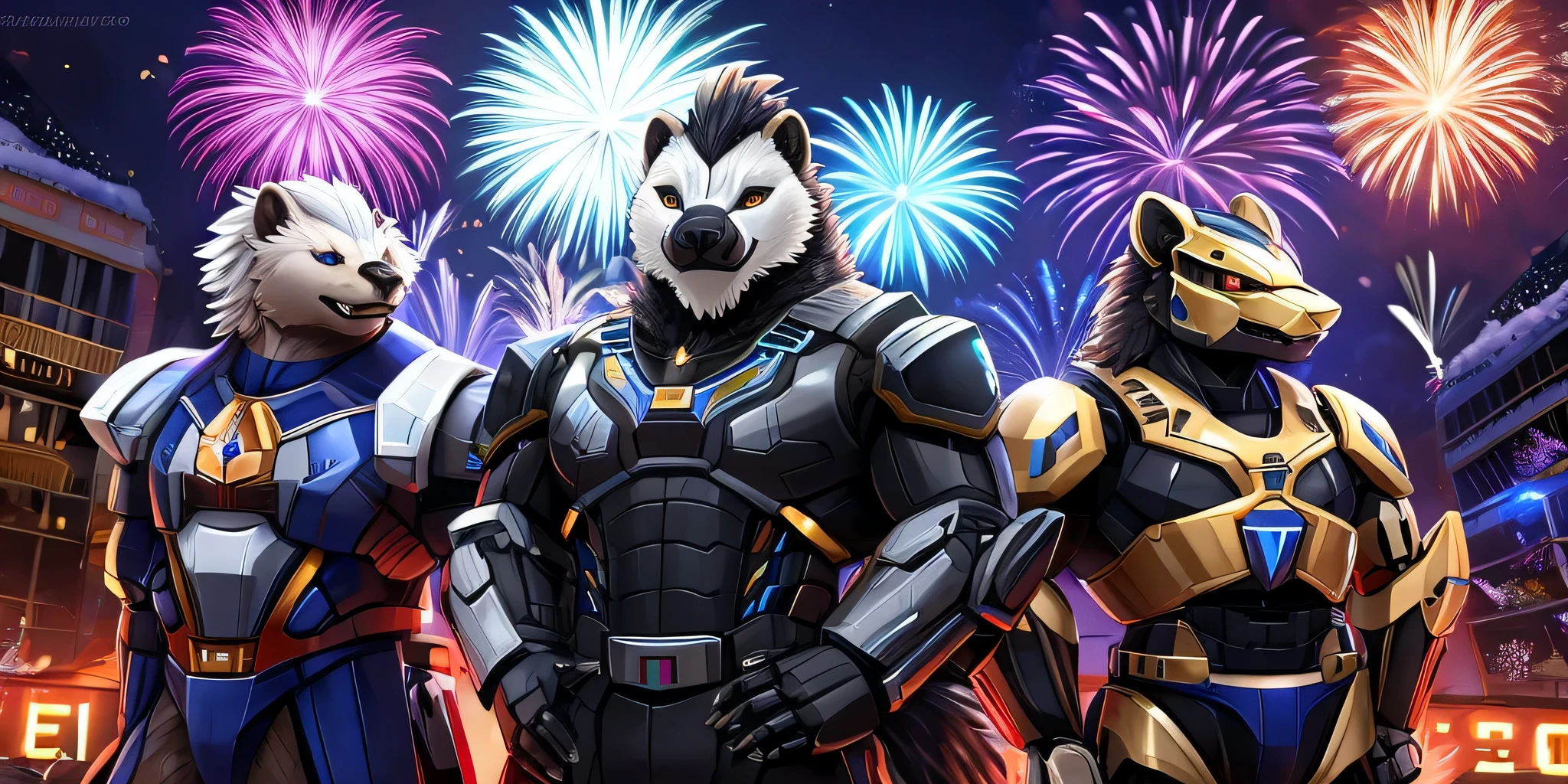 There is a majestic mecha honey badger ahead,like someone from the future,Show your royal temperament,A group of humanoid honey badgers wearing robotic suits,HD quality,New Year atmosphere