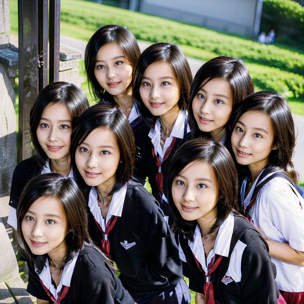 Raw photo、(((multiple girls))),((((6+girls)))),((((100girls)))),((((1000girls))))、((((100 Girls))))、Women only、The same face、((matching school uniform))、((((Large group))))、************、Long black hair、100 cute high school girls on their way to school、a smile、Commuting to school、School route、In the street、selfee、same person、University