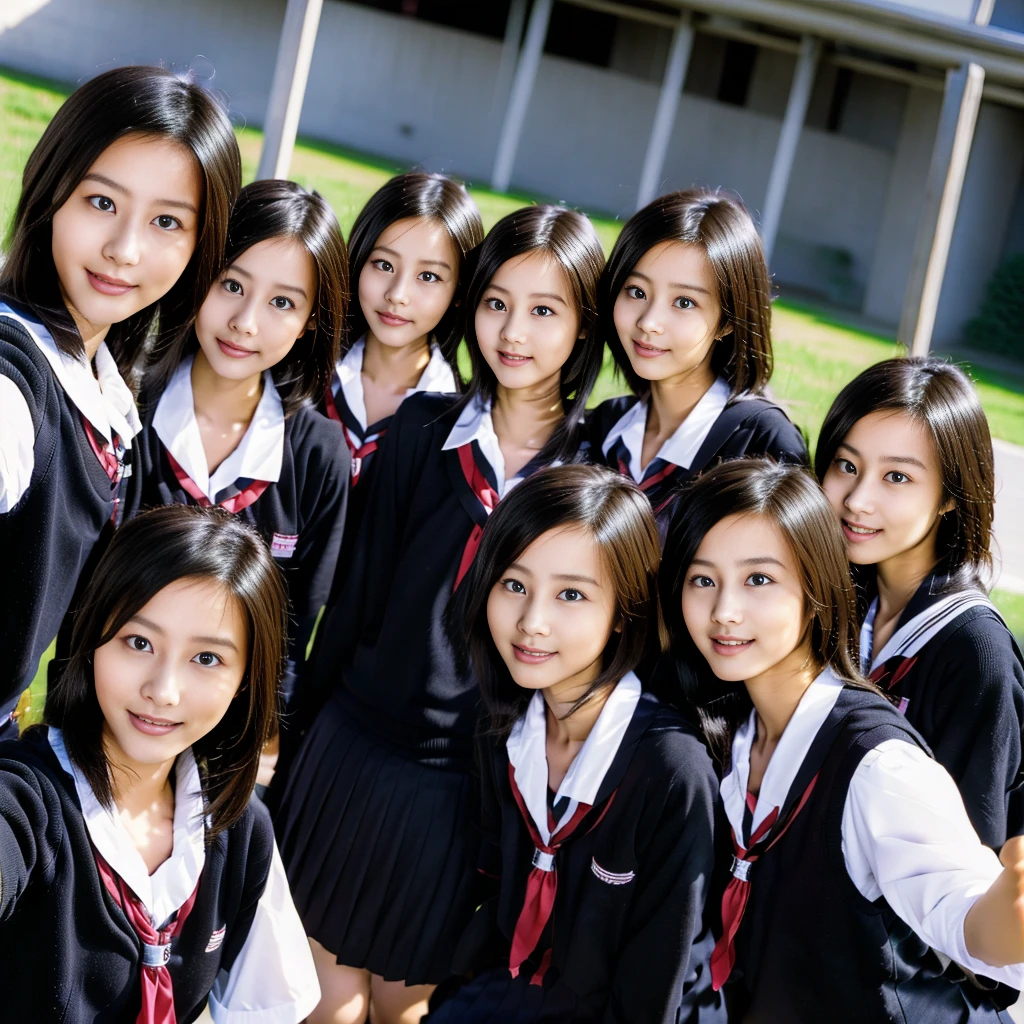 Raw photo、(((multiple girls))),((((6+girls)))),((((100girls)))),((((1000girls))))、((((100 Girls))))、Women only、The same face、((matching school uniform))、((((Large group))))、************、Long black hair、100 cute high school girls on their way to school、a smile、Commuting to school、School route、In the street、selfee、same person、University