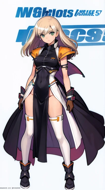 (((Best Quality))) , ((full body)), female, character design, solo, (white background), holding weapon, gloves, waist armor, thigh high, side slit trench skirt, blue, orange, green, violet, brown, white, colorful outfit, vest, bare arms, bareback,