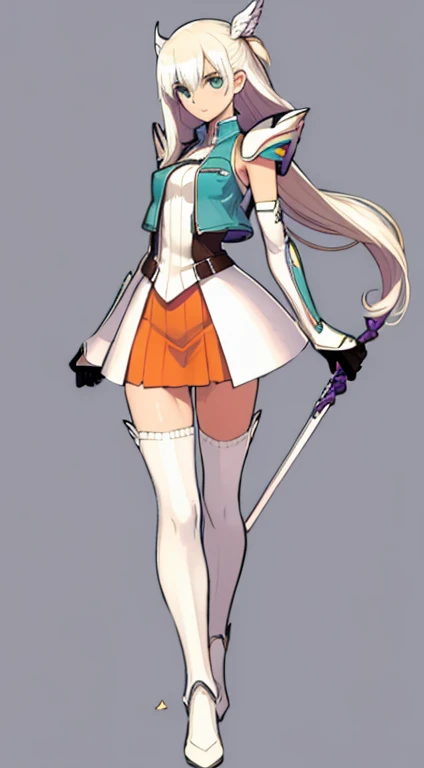 (((Best Quality))) , ((full body)), female, character design, solo, (white background), holding weapon, gloves, waist armor, thigh high, side slit trench skirt, blue, orange, green, violet, brown, white, colorful outfit, vest, bare arms, bareback,