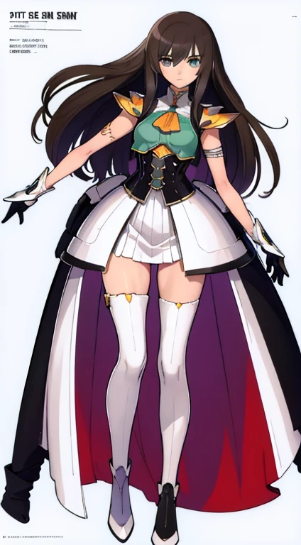(((Best Quality))) , ((full body)), female, character design, solo, (white background), holding weapon, gloves, waist armor, thigh high, side slit trench skirt, blue, orange, green, violet, brown, white, colorful outfit, vest, bare arms, bareback,