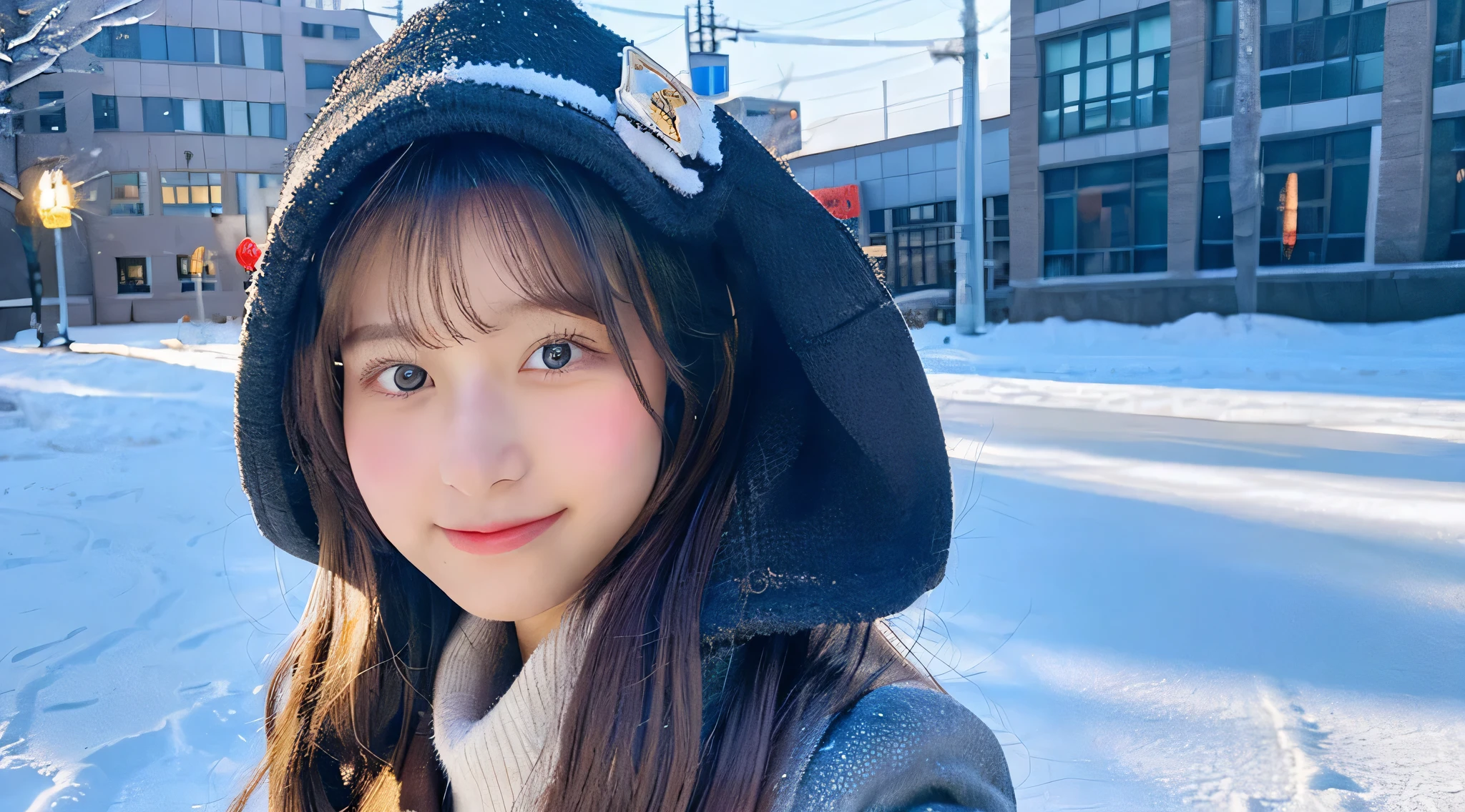 18 year old cute miniskirt high school girl、The background is a winter city