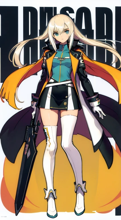 (((Best Quality))) , ((full body)), female, character design, solo, (white background), holding weapon, gloves, waist armor, thigh high, side slit trench skirt, blue, orange, green, violet, brown, white, colorful outfit, vest, bare arms, bareback, short jacket,