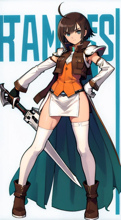 (((Best Quality))) , ((full body)), female, character design, solo, (white background), holding weapon, gloves, waist armor, thigh high, side slit trench skirt, blue, orange, green, violet, brown, white, colorful outfit, vest, bare arms, bareback, short jacket,