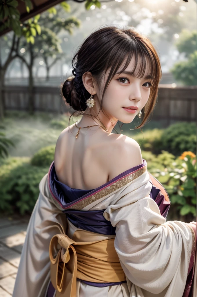 ((RAW shooting:1.5)), (Photoreal Stick:1.5, masutepiece:1.5, 8K), (top-quality, masterpiece, 超A high resolution), morning, Precincts of the shrine, ((fog the lens:1.4)), ((Shoot with blur:1.5)), ((sunrises, Sunlight coming in from behind:1.6, Strong sunlight spreads across the screen:1.6)), ((Strong sunlight shines on a woman:1.7)), ((The entire screen appears white and hazy due to strong sunlight.:1.8)), ((The woman looks blurry due to the strong sunlight:1.9)), Professional camera work:1.3, Highly detailed skin and facial texture:1.3, Grow Light Effect, The ultra-detailliert:1.3, 1girl in, Fair skin, (Sense of clarity:1.4, a small face), Extremely beautiful face:1.5, (Sense of clarityを感じる目:0.9, looking distantly), A smile:1.0, (Slightly open mouth:0.4, Sense of clarityを感じる口当たり:0.7), 二重まぶた, Dark brown medium hair, necklace and earrings, (Wearing Kimono Correctly Off Shoulder)