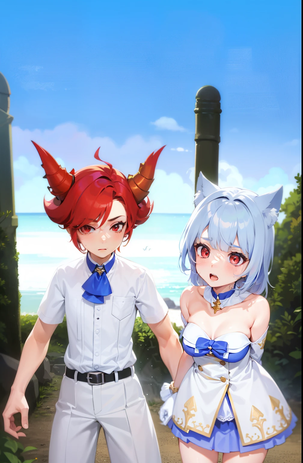 Masterpiece，Best quality，High details，1boys，1girll，Girl with long gray hair，Girl wears white shirt, Pleated skirt, Black mid-tube socks，1boys，（red-haired boy：1.5），Boys have muscles, red horn, red eyes，The boy looked more fierce，The boy is very handsome，Boy touches girl's breast，The girl is short，The boy is tall，（Reflects the height difference between boys and girls：1.5），（The girl is 150 cm tall：1.5），（The boy is 195 cm tall：1.5），The boy has a face，The boy is the main part of the picture，The girl is skinny，The girl was lovely，（The girl is super short and super small），Being in a hotel