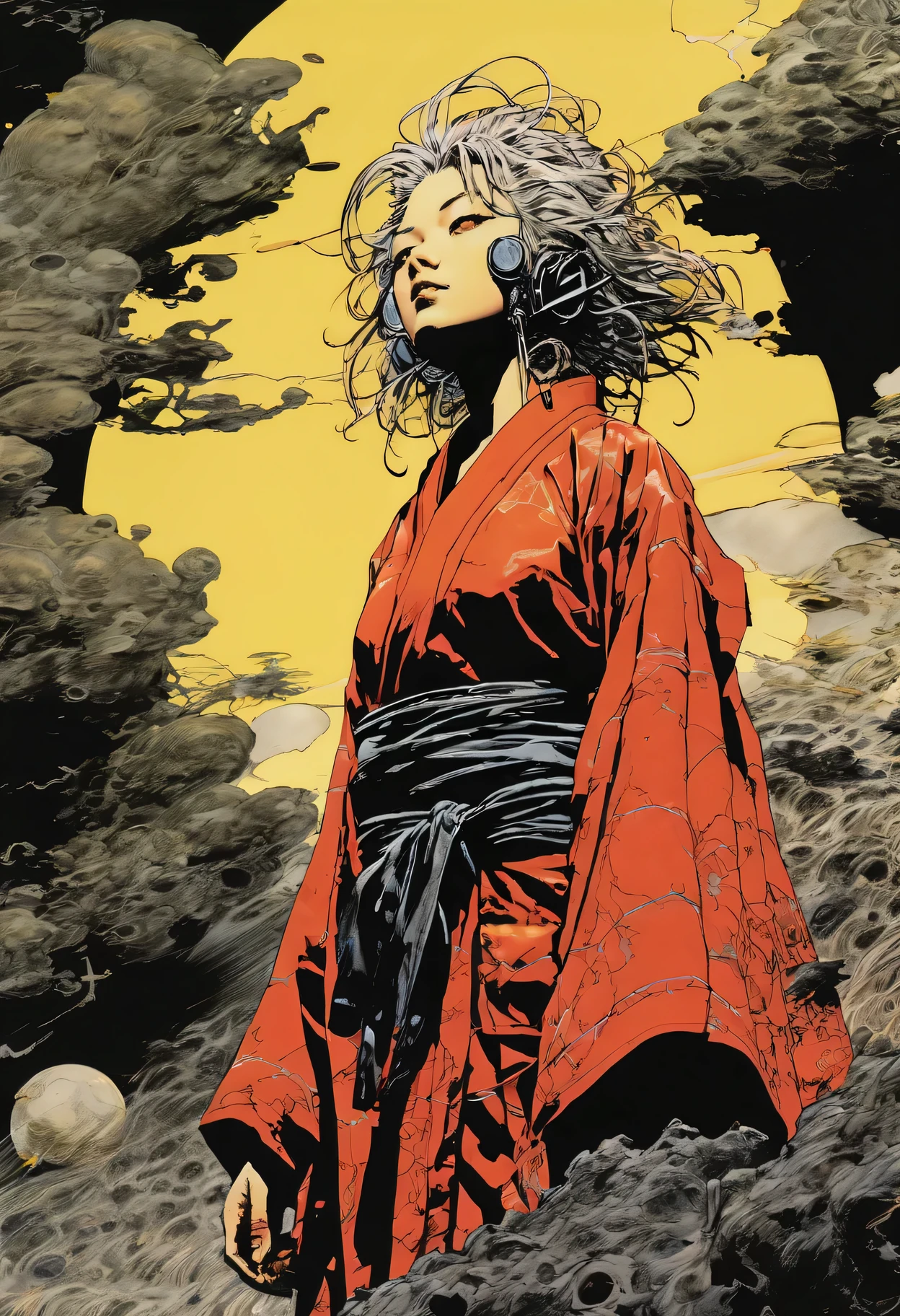 v5lcn, Comic Laemmle, by Katsuya Terada, hard disk, Manga, Show Avatar, (Kimonoを着た女性と黒猫:1.4), hair adornments、Komono、Kimono、Katsuya Terada STYLE,  Manga, Contrasty, harbour, Full body, dynamic harbour, Mirary Gear, goggles, hoods, by Katsuya Terada, clean, compact,masutepiece、top-quality、