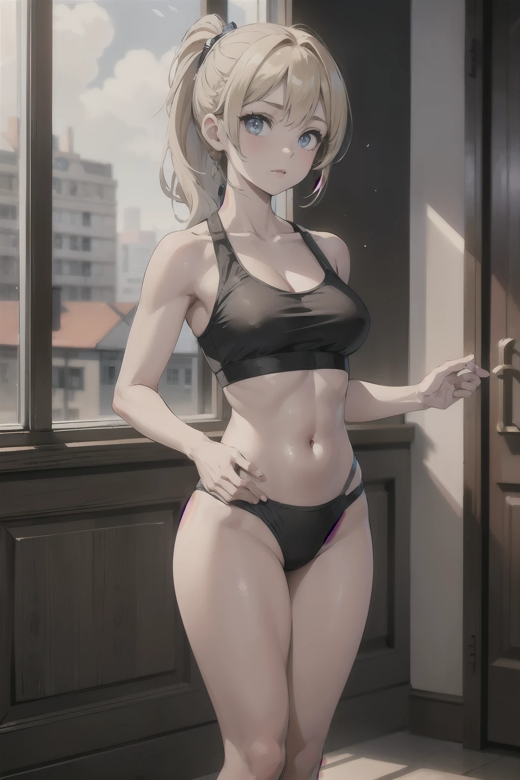 ((best quality)), ((masterpiece)), (detailed), perfect face, girl with blond ponytail with fitness body, standing in lingeries in town hall