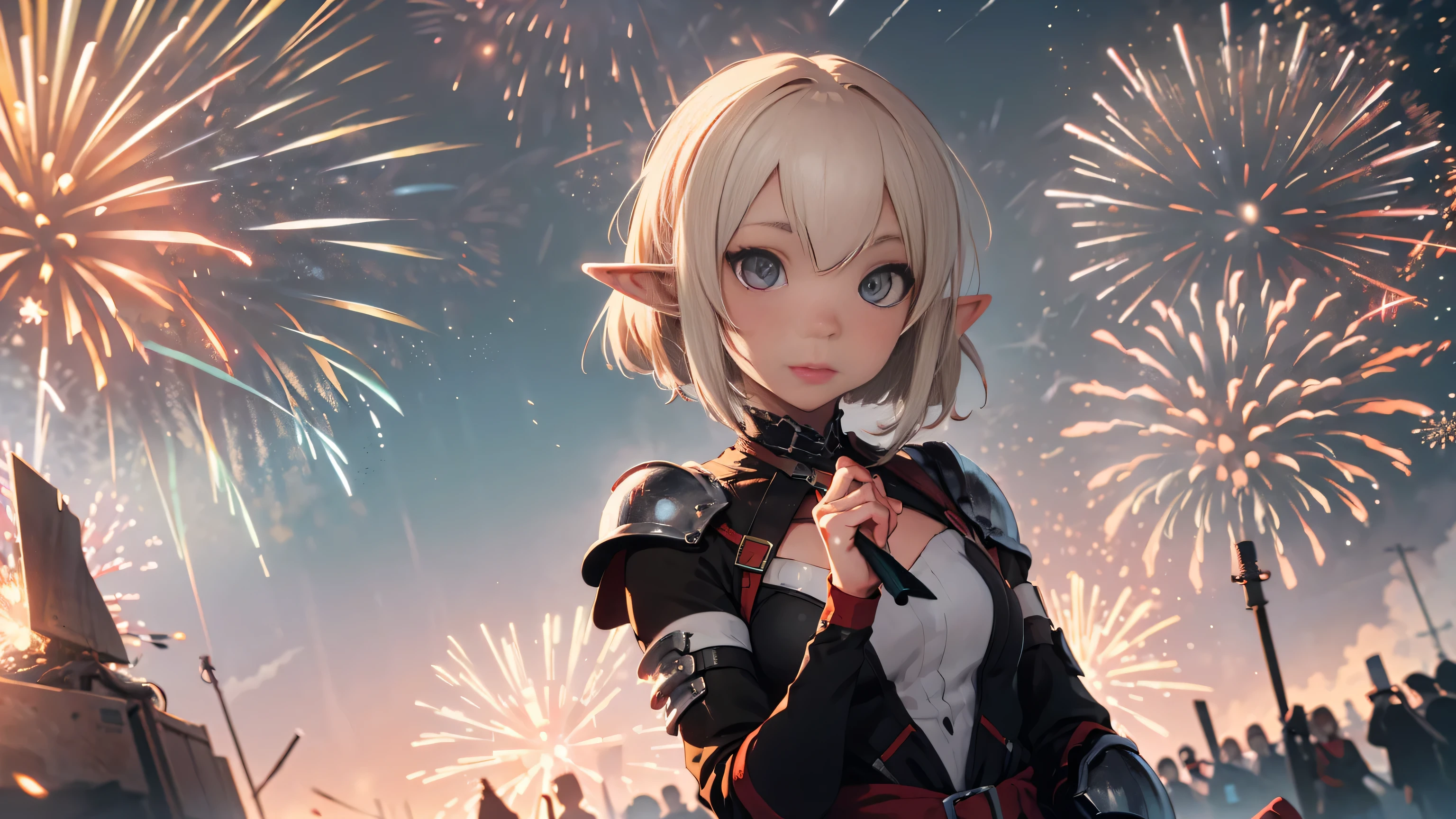 adventurer elf girls, warriors and mages, different unusual skin colors, happy new year, (((new years))), ((((fireworks)))), ((champagne)), (crystal glass), ((mmorpg)), medieval, fantasy, magic, swords, (((armor))), dungeons and dragons, ember particles, particles, flares, sharpened, chromatic aberration, masterpiece:6, best quality:5, realistic hands, (((split complementary palette))), bokeh, light, rim lighting:1, post processing, dslr, sky, ((((sky at night)))), wide angle shot, dark night sky, in the style of Ilya Kuvshinov, ((lineage2))