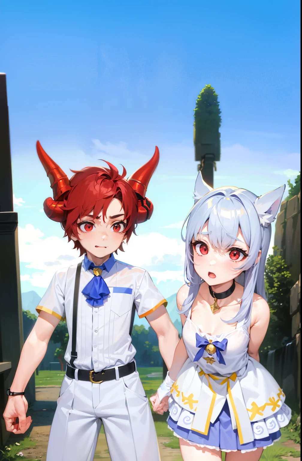 Masterpiece，Best quality，High details，1boys，1girll，Girl with long gray hair，Girl wears white shirt, Pleated skirt, Black mid-tube socks，1boys，（red-haired boy：1.5），Boys have muscles, red horn, red eyes，The boy looked more fierce，The boy is very handsome，Boy touches girl's breast，The girl is short，The boy is tall，（Reflects the height difference between boys and girls：1.5），（The girl is 150 cm tall：1.5），（The boy is 195 cm tall：1.5），The boy has a face，The boy is the main part of the picture，The girl is skinny，The girl was lovely，（The girl is super short and super small），Being in a hotel