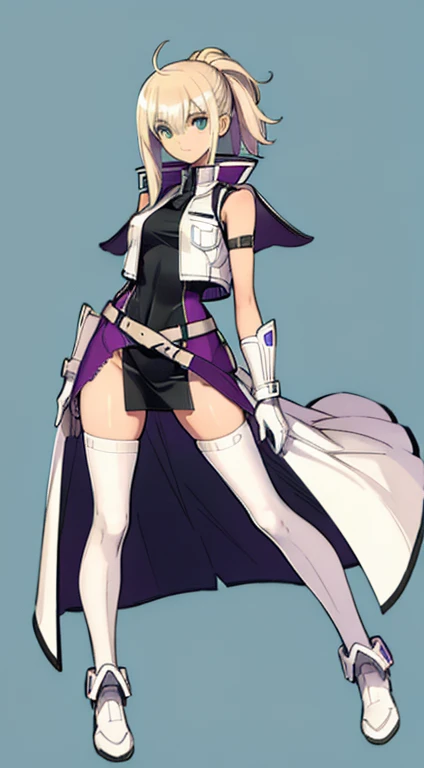 (((Best Quality))) , ((full body)), female, character design, solo, (white background), holding weapon, gloves, waist armor, thigh high, side slit trench skirt, blue, orange, green, violet, brown, white, colorful outfit, vest, bare arms, bareback, tactical vest,