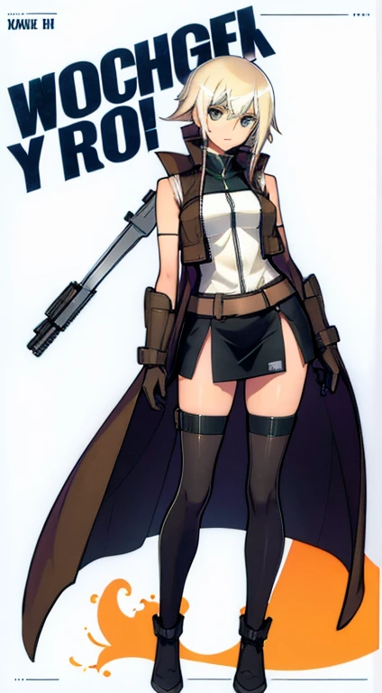 (((Best Quality))) , ((full body)), female, character design, solo, (white background), holding weapon, gloves, waist armor, thigh high, side slit trench skirt, blue, orange, green, violet, brown, white, colorful outfit, vest, bare arms, bareback, tactical vest,