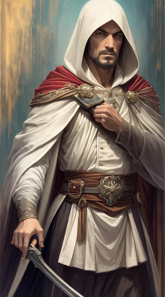 (((1male))), /((medium_full_shot:1.5), (wide_angle_view:1.5)/), 
((Ezio Auditore)), 50_years_old, loneliness, (mustache), Assassins Creed, perfect figure, , buff muscular physique, ((aura)), ((Nimbus)), ((white_floral_assassin_robe)), hood, ((armor)), gloves, ((vambraces)), ((Hidden_Blade)), ((Tomahawk)), street_background, resurrection,
 masterpiece, best quality, realistic, photorealistic, RAW photos, Fujifilm, 8k, textured skin, high detailed, More_Detail, highres, depth of field, atmospheric perspective, detailed facial, detailed eye, anatomically correct, perfect body, ((hands_with_5_fingers):1), ((perfect_fingers):1), better_hands, perfect hands, ((perfect_legs):1),