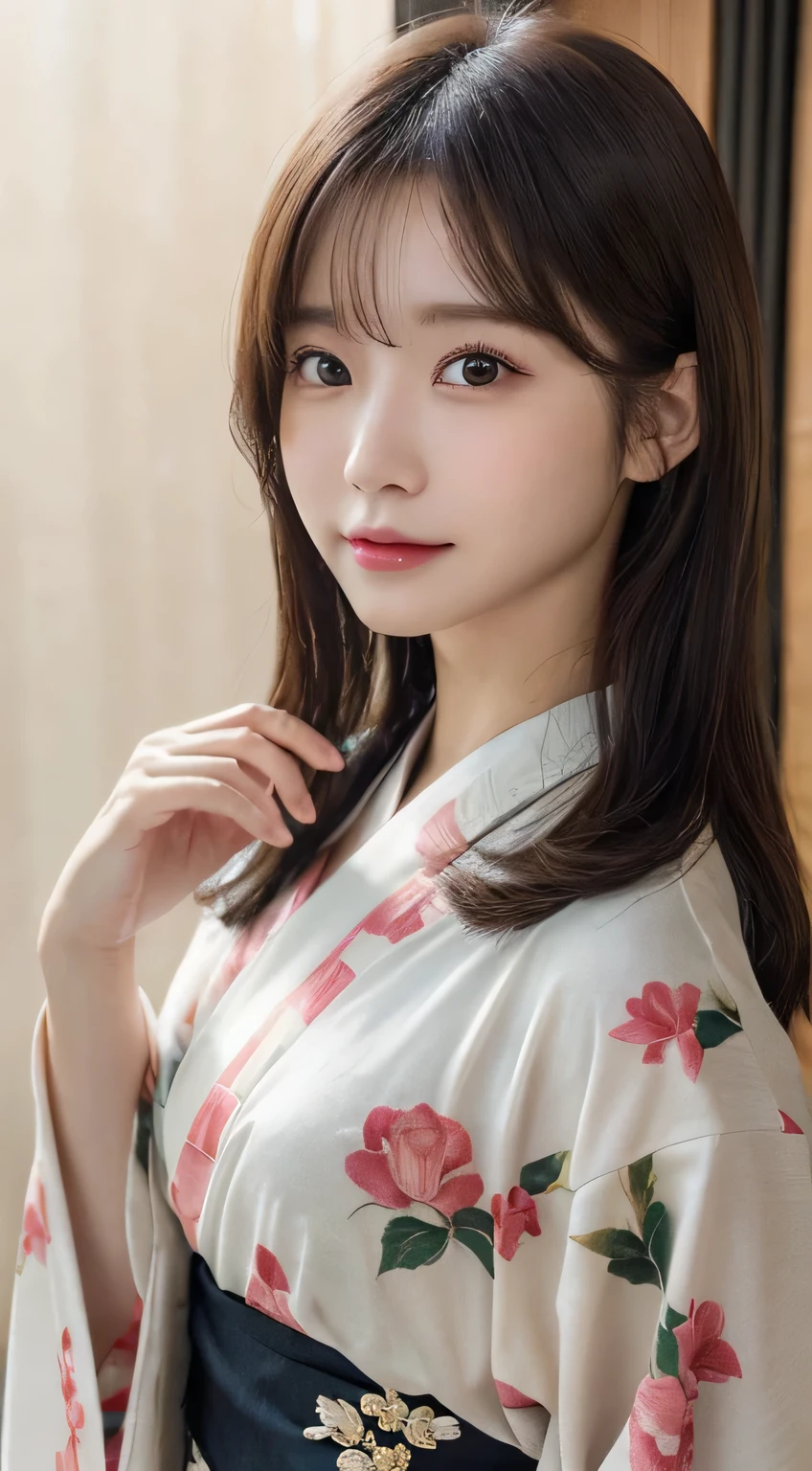 (Wear the kimono correctly,age19,no-makeup)、(top-quality,​masterpiece:1.3,超A high resolution,),(ultra-detailliert,Caustics),(Photorealsitic:1.4,RAW shooting),Ultra-realistic capture,A highly detailed,high-definition16Kfor human skin、 Skin texture is natural、The skin looks healthy with an even tone、 Use natural light and color、 Anatomically correct、One Woman,japanes,,kawaii,A dark-haired,Middle hair,(depth of fields、chromatic abberation、Wide range of lighting、Natural Shading)