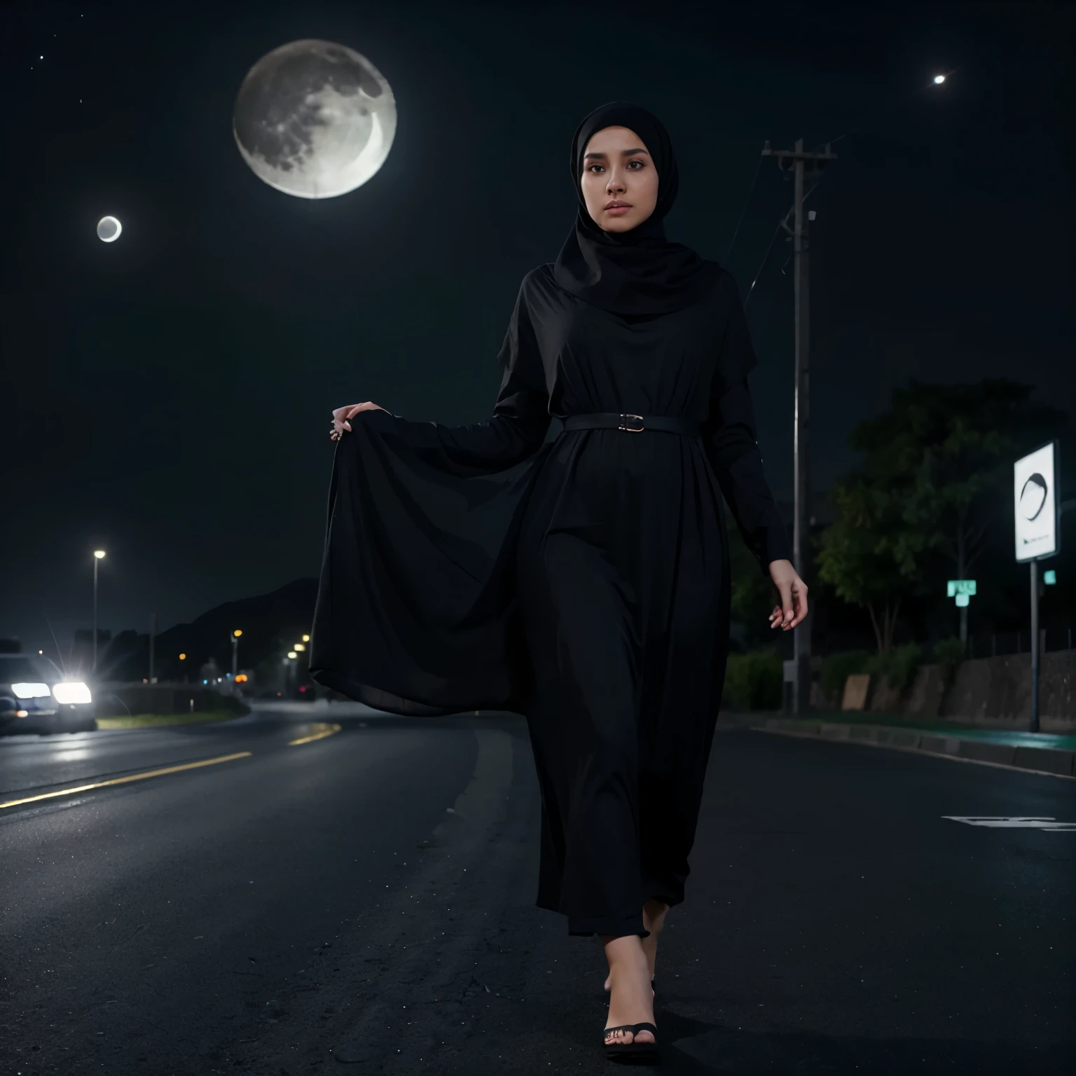 A realistic digital hijab(Muslim beutiful queen girl). ( wearing black colour dress) ( 4k ) ( background night time soft light) ( skinny white ) ( seeing moon drak night) , ( standing walking style road soft light)