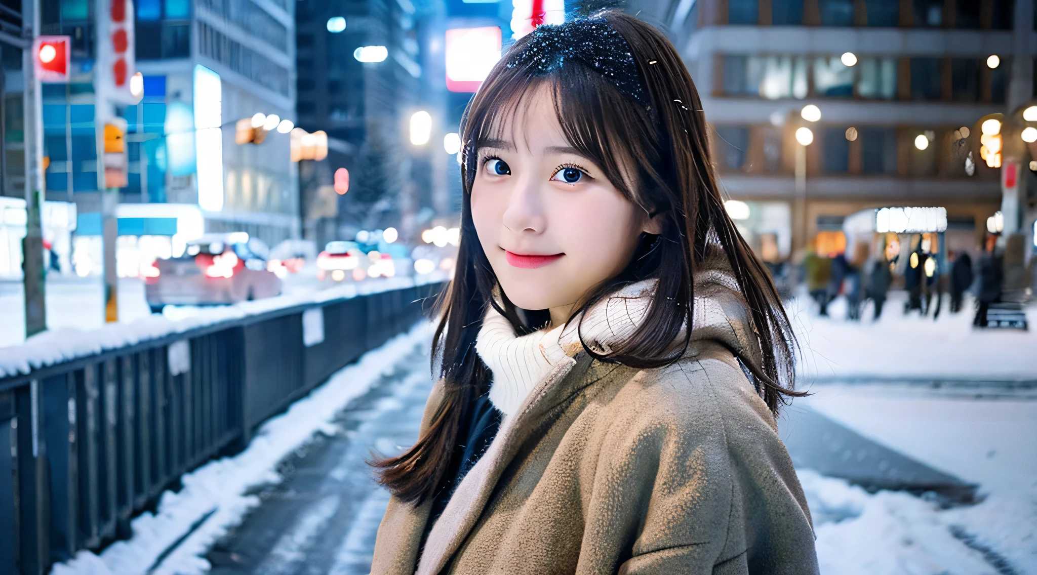 18 year old high school girl in miniskirt、The background is a winter city