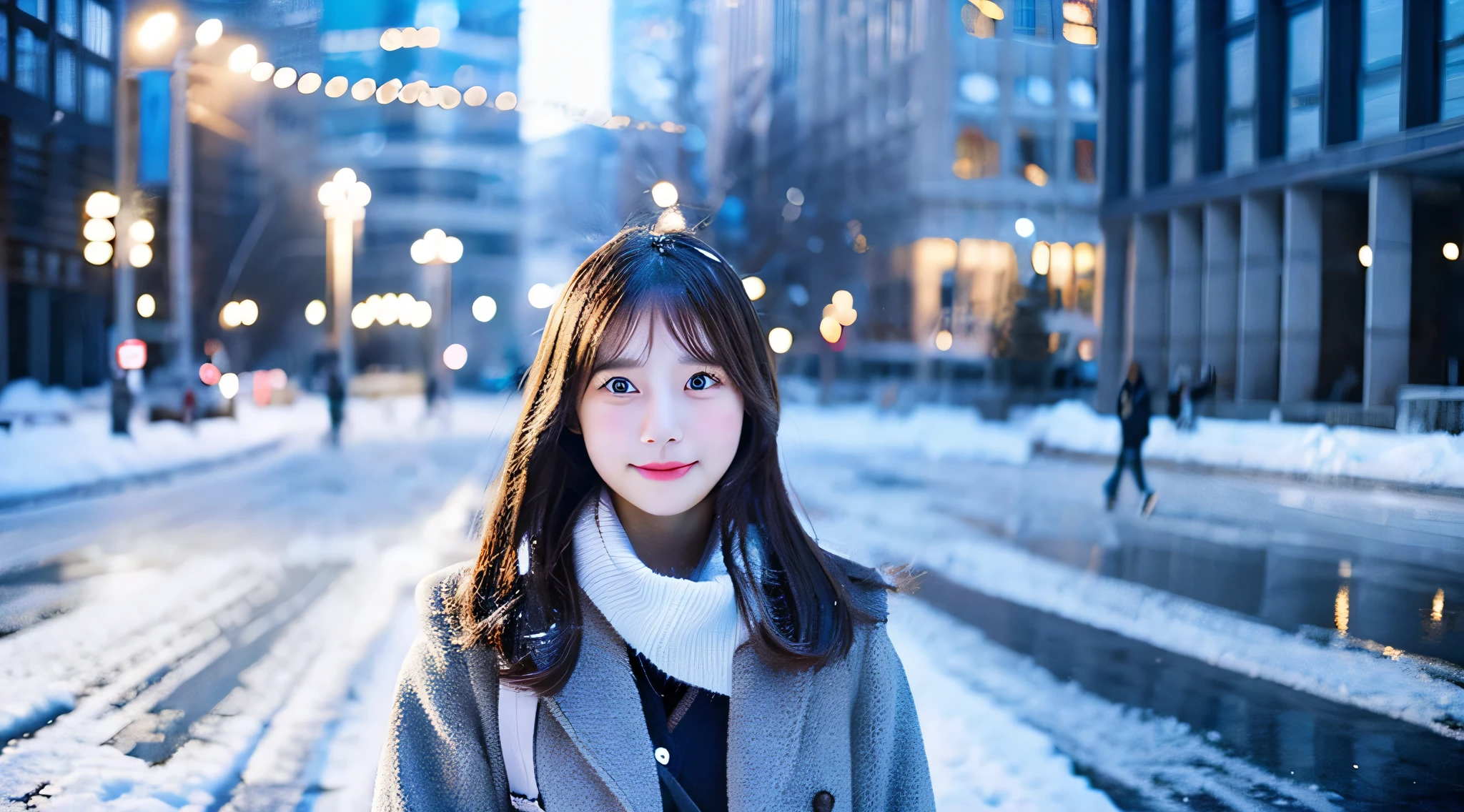 18 year old high school girl in miniskirt、The background is a winter city
