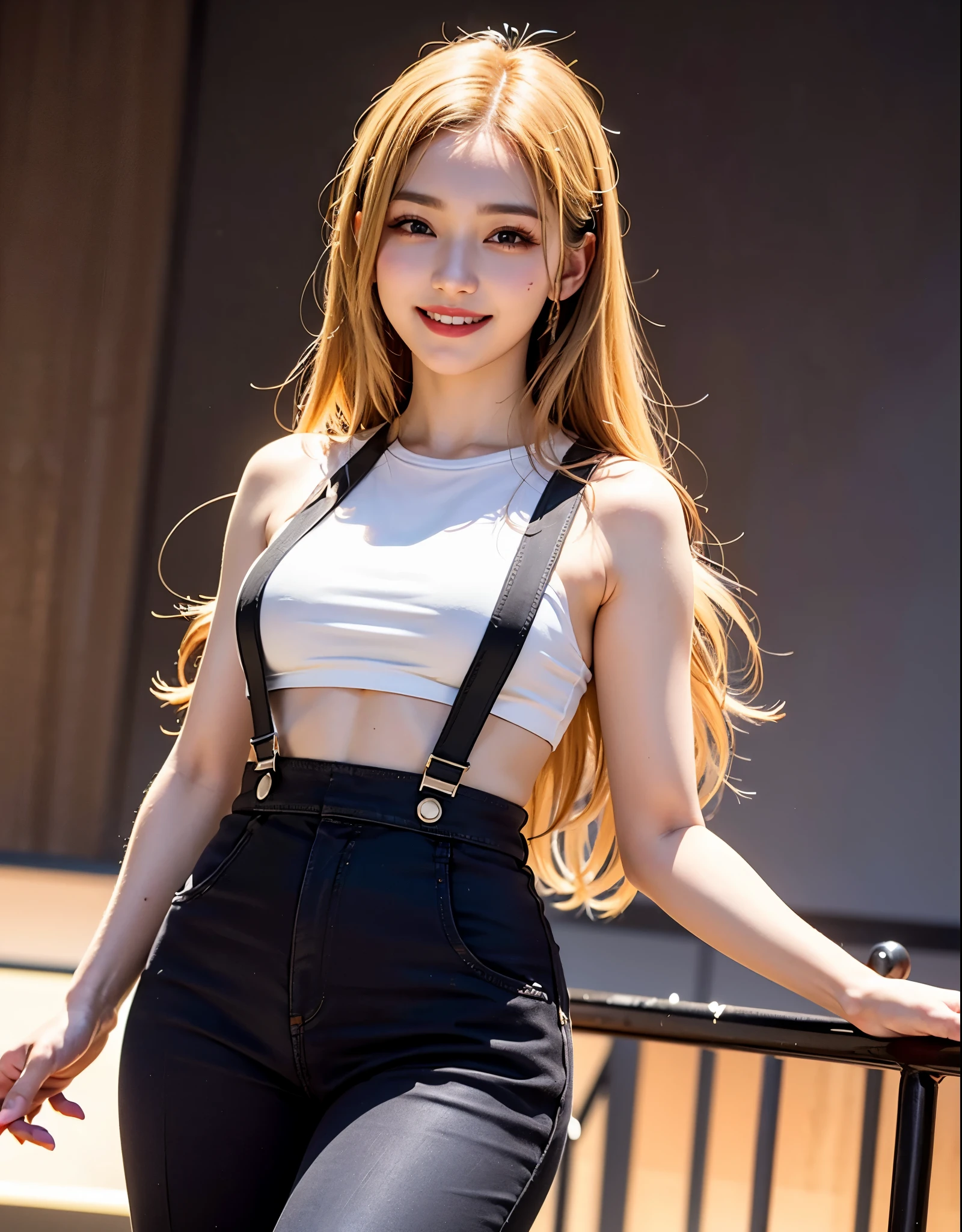 Best Quality, masutepiece, ((fully body photo))、slenderbody,High Style,超A high resolution, (Photorealistic:1.4), Raw photo, 1girl in, kーpop idol, Idol makeup,long hair blonde hair,,Chibi T-shirt,suspenders、K-pop idol costumes、CAP,Navel Ejection,abdominals、Parachute pants,Detailed eyes,(realisticeyes),sparkly eyes、delicated face,realskin,detailed hairs,Detailed skin,Beautiful face,((Smiling))、Bright lighting、music program lighting、