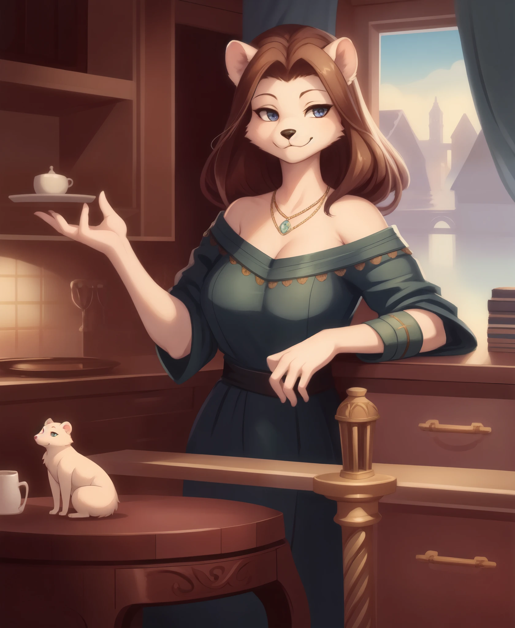 woman, ferret,  tall,  smug, detailed, by kikurage, (cyancapsule:0.8), foxovh, thomas kinkade