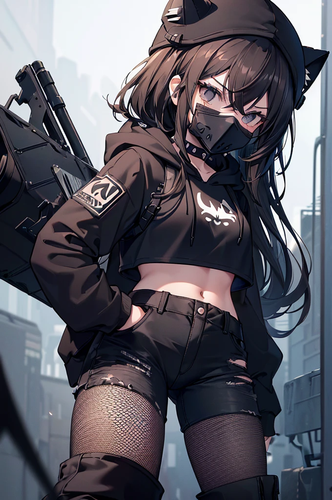 ((masterpiece, best quality)), ((1girl)), (white crop top), ((black open hoodie)), ((black short jeans)), (fishnets), (black military boots), ((dark brown long straight hair)), brown cat ears, serious, black eyes, ((black vapor respirator mask)), (black choker with spikes), (black gothic beanie), dynamic angle, wasteland background, nighttime