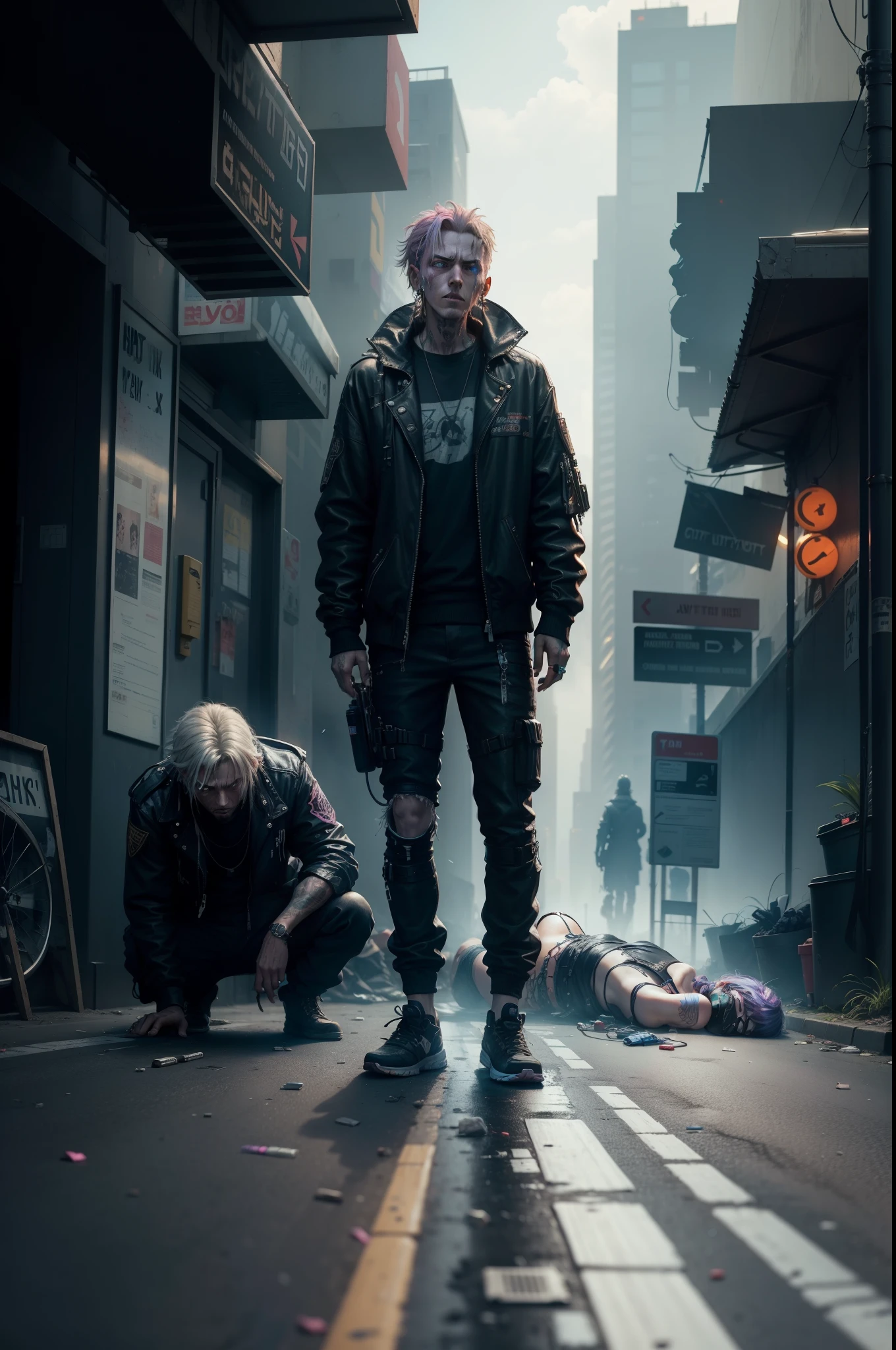 cyberpunk city,  a junkie  is lyning on the road in  pain, prostitutes are  standing  without paying any attention to the dying man