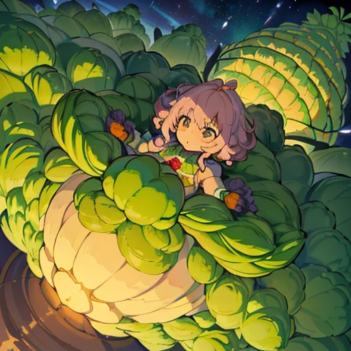 A heavily armored oversized Afro girl in vegetable cake armor who serves an oversized vegetable.、Amazing dynamism、Amazing Angle、unstable anti-gravity sandstorm、((((A lot of friendly vegetables floating closely and chasing each other))))、((surround each other'large vegetable))、(((Spiral-shaped vegetables are scattered)))、