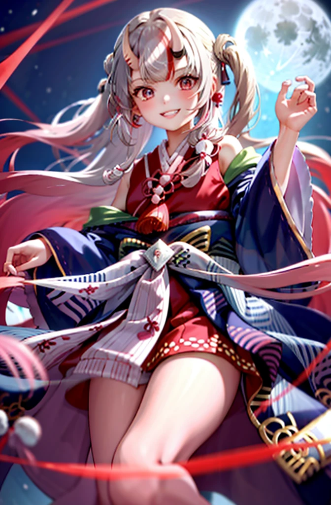 1 girl, Chinese_clothes, liquid silver and pink, cyberhan, cheongsam, cyberpunk city, dynamic pose, glowing headphones, glowing hair accessories, long hair, glowing earrings, glowing necklace, cyberpunk, high-tech city, full of mechanical and futuristic elements, futuristic, technology, glowing neon, pink, pink light, transparent tulle, transparent streamers, laser, digital background sky, big moon, with vehicles, best quality, masterpiece, 8K, character edge light, Super high detail, high quality, the most beautiful woman in human beings, smiling slightly, face facing front and left and right symmetry, ear decoration, beautiful pupil light effects, visual data, silver-white hair, hair is not messy, long hair over the waist, luminous electronic watch, deep eyes, happy, English doodling, wearing long white hakama:1.4, side tail, very long side-bangs:1.6