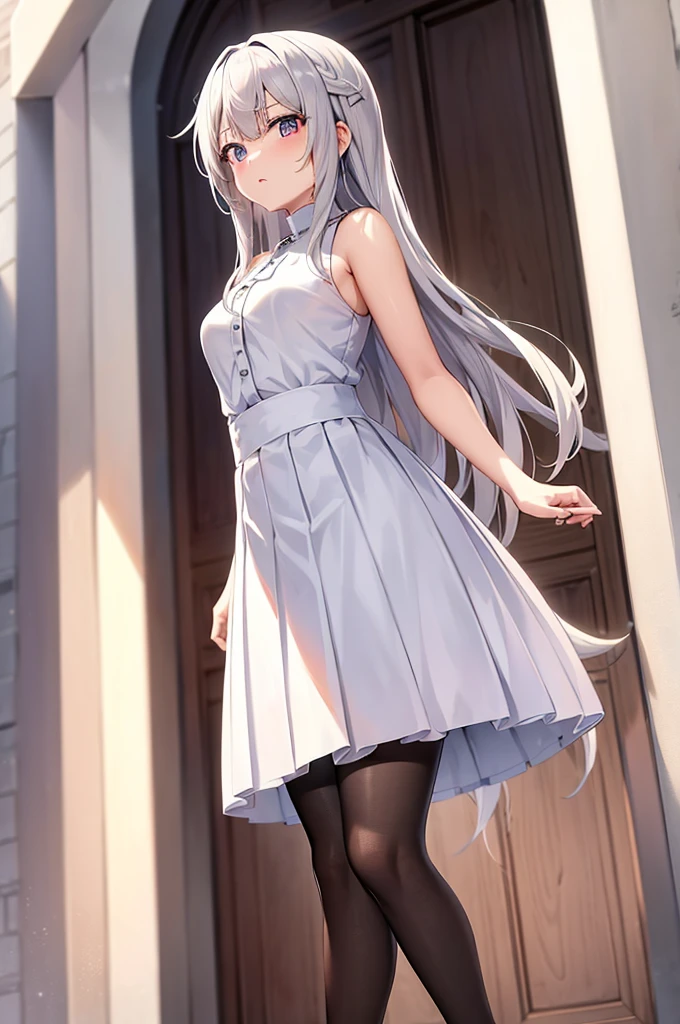 较长的白发和黑眼睛of anime girls在房间里摆姿势, of anime girls, perfect white hair girl, 有吸引力of anime girls, silber hair (pony tails), Anime rapunzel girl,,Anime style 4k, 可爱of anime girls, 年轻of anime girls, 美丽of anime girls, Anime visuals of a cute girl，Wearing a white top，Wearing a white pleated skirt，Wearing white pantyhose，All clothing is white