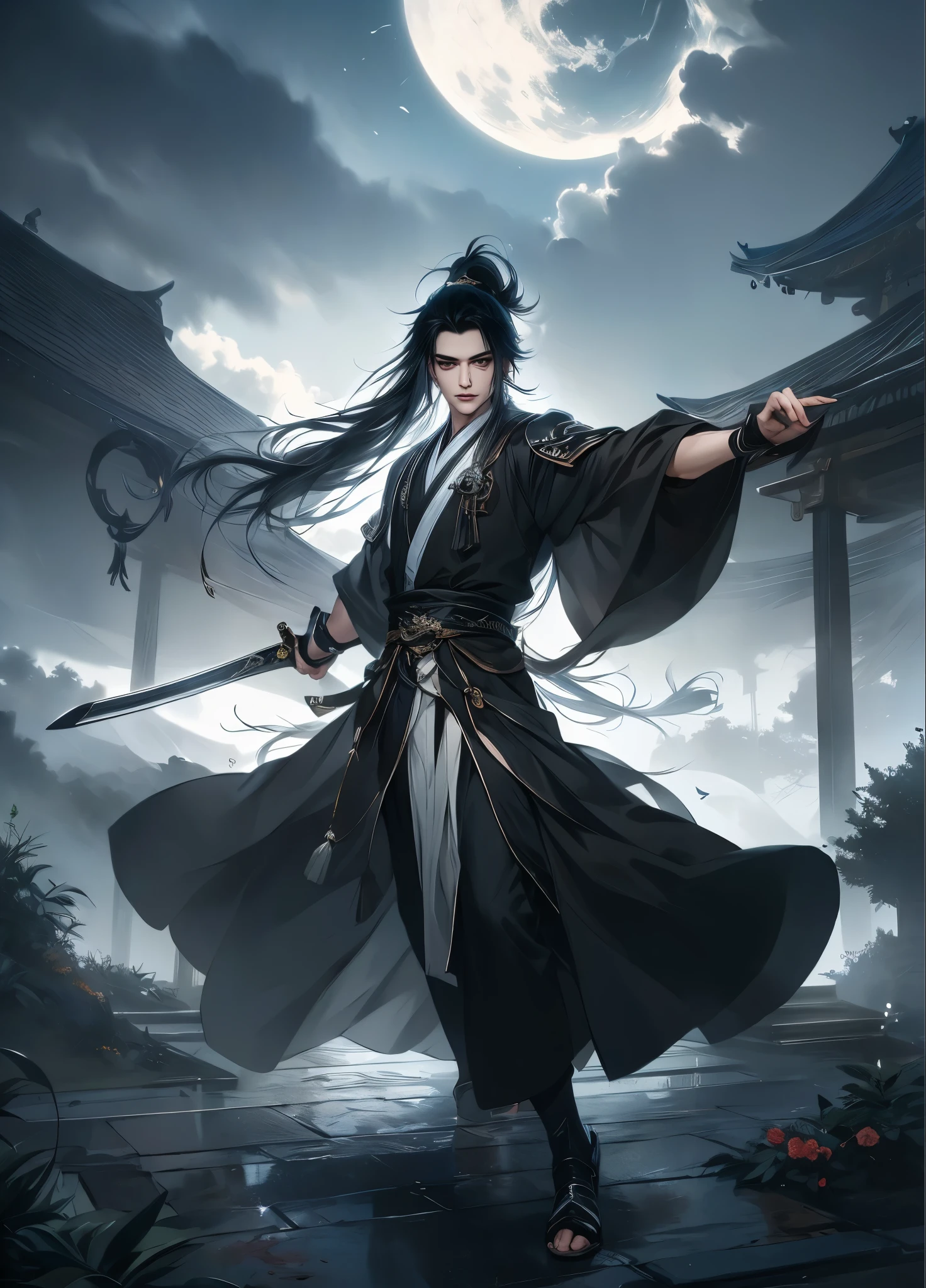 a boy holding a sword,Long hair and high ponytail,Stormy weather,overcast day,thin fog,(Best quality,A high resolution,The image is clear,Garden scene,:1.2)