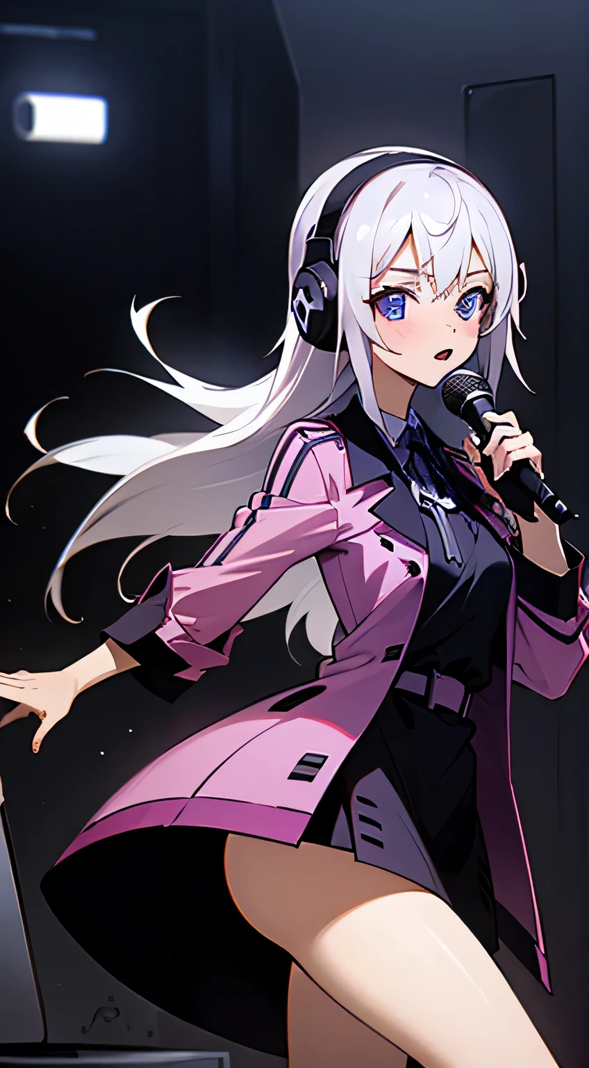 beautiful young girl, White hair, Purple pupils，Wearing a beautiful black dress，Hold a black microphone，With pink headphones，Sing in the studio