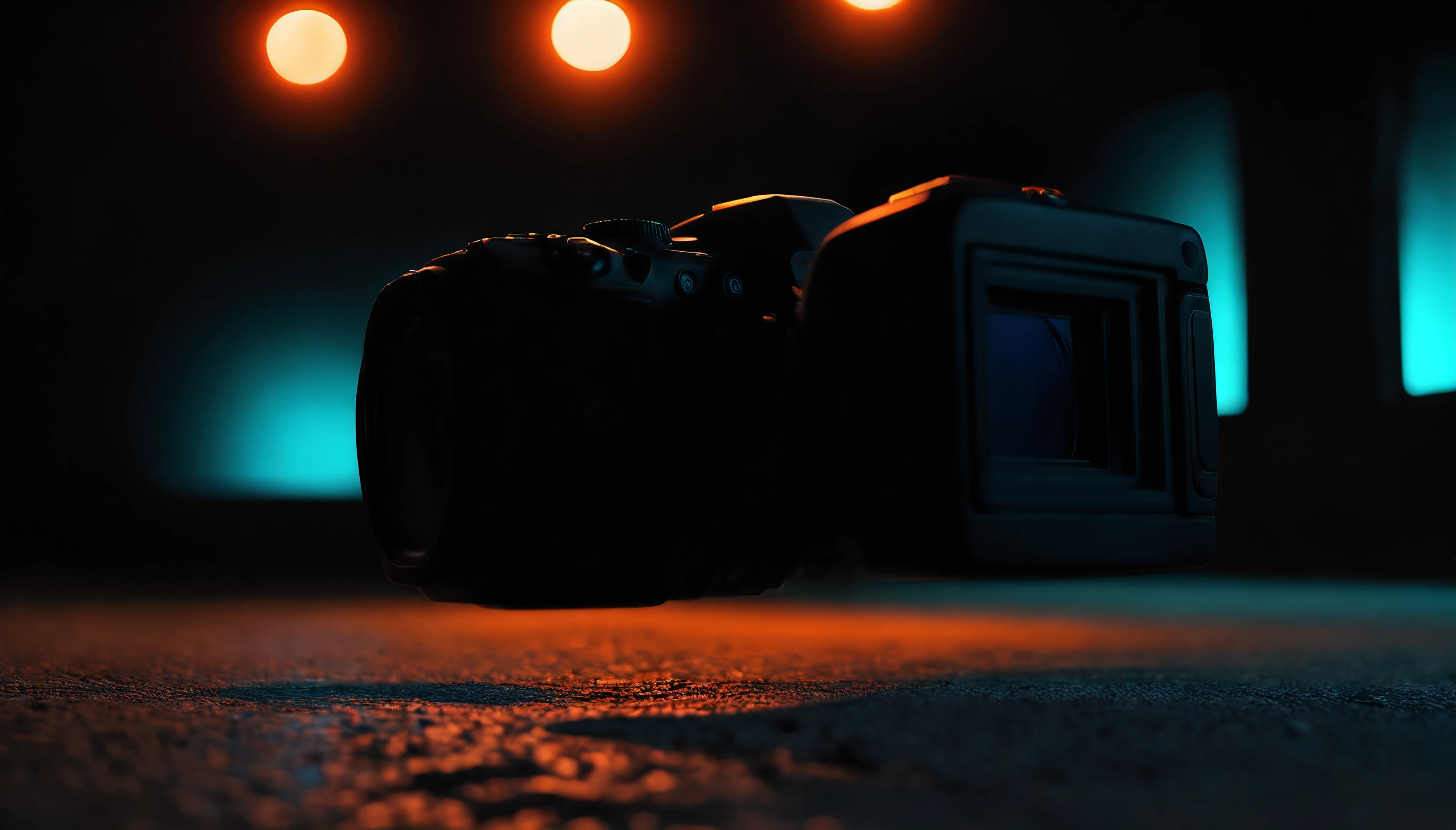 ((photorealistic)) Realistic detailed photo camera, one camera, 1camera, no text, no logocinematic style, dark outline of one camera, backlight, black silhouettes, Directly facing, A low perspective, No fill light, just the contrast itself, a blurred cinematic background, High contrast, vibrant colors, Color scheme reminiscent of the John Wick movie, standing on wet concrete, atmosphere of nighttime photos, Lights in the background, Canon 5D, best quality, masterpiece, detailed (( very wide horizontal frame )) single lens, no logos, shiny floor, anamorphic look, reflecting floor, remove canon logo from camera, no tripod, no people, very realistic camera model, The atmosphere of nighttime photos, Lights in the background, teal nad orange