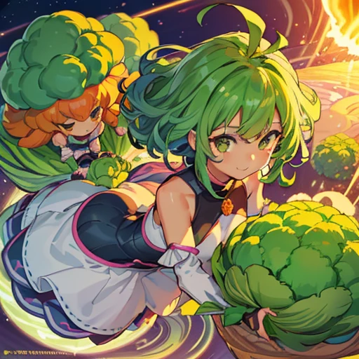 A heavily armored oversized Afro girl in vegetable cake armor who serves oversized summer vegetables.、Amazing dynamism、Amazing Angle、Unstable buoyancy sandstorm、((((A lot of friendly vegetables floating closely and chasing each other))))、((surround each other'large vegetable))、(((Spiraling summer vegetables are scattered)))、