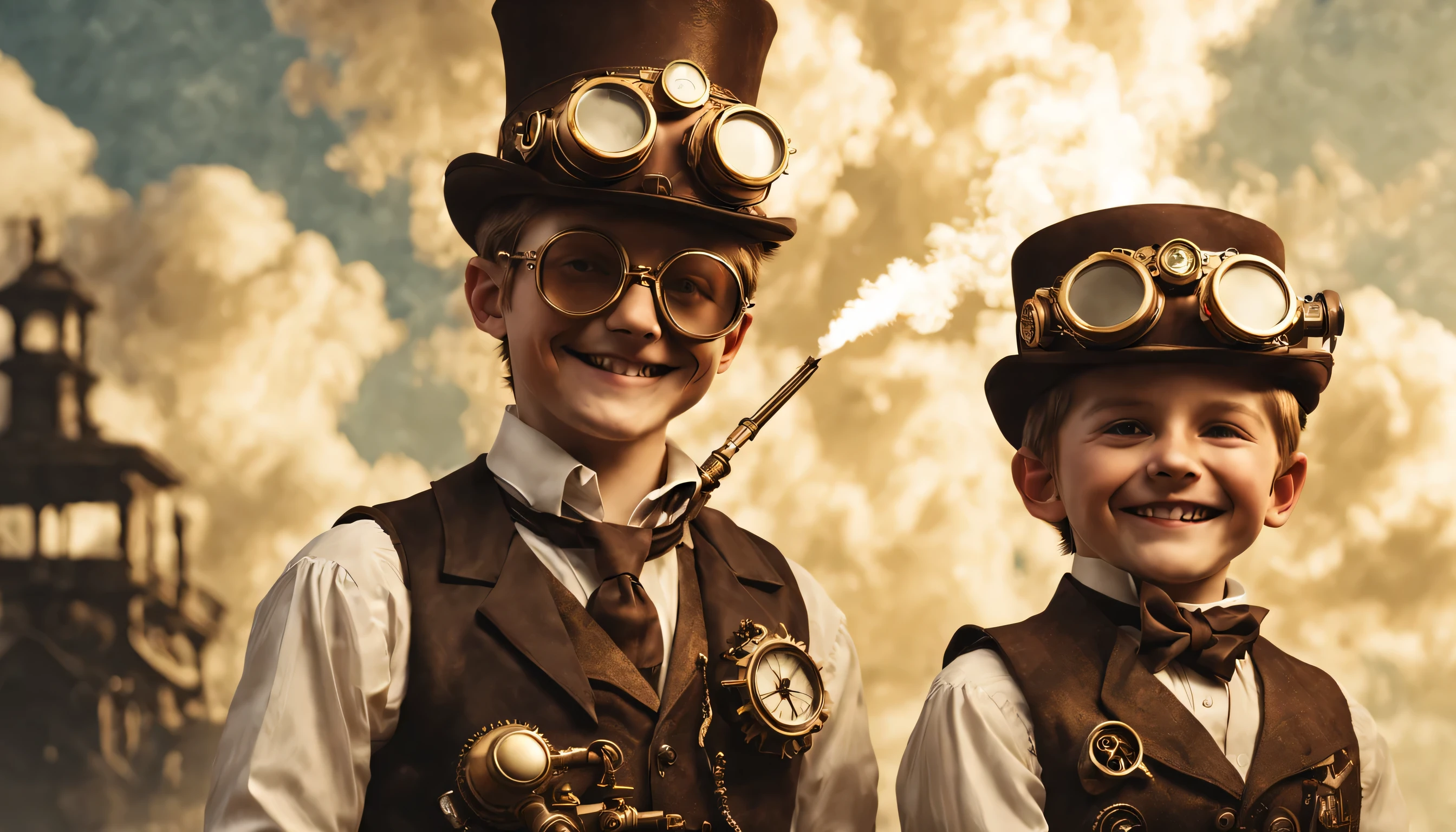 Steampunk Smiles: Gears whirr and steam condenses into playful clouds as a father and son, clad in steampunk goggles and brass accessories, brush their teeth with toothbrushes resembling miniature ray guns. Render the scene in a sepia-toned masterpiece, focusing on the intricate details of their attire and the delicate steam trails. (Masterpiece, RAW photo, realistic, detailed, best HD detailed, High quality, 32k, Steampunk style, low-key lighting, dramatic angle)