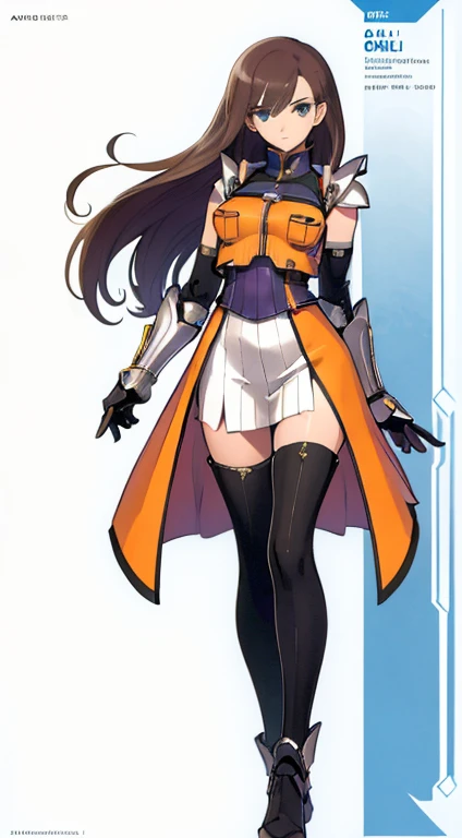 (((Best Quality))) , ((full body)), female, character design, solo, (white background), holding sword, gauntlets, waist armor, thigh high, side slit trench skirt, blue, orange, green, violet, brown, white, colorful outfit, vest, bare arms, bareback, tactical vest,