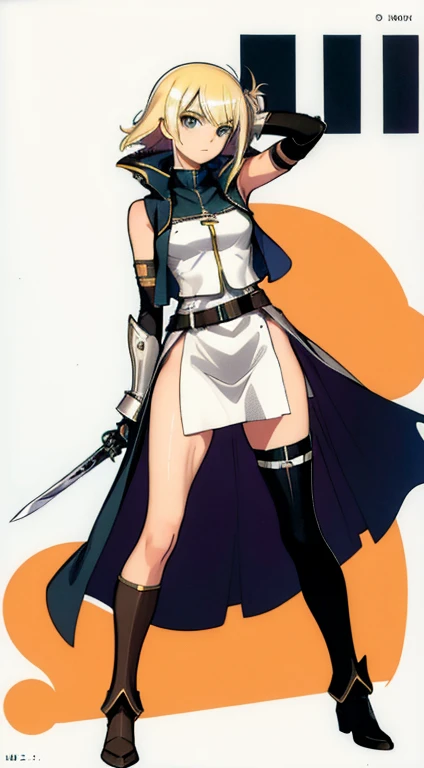 (((Best Quality))) , ((full body)), female, character design, solo, (white background), holding sword, gauntlets, waist armor, thigh high, side slit trench skirt, blue, orange, green, violet, brown, white, colorful outfit, vest, bare arms, bareback, tactical vest,