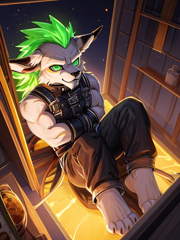 Barefoot hypnotised sedated Leomon, gag in the mouth, looking up, green glow in his eyes, trapped in a black straitjacket, sitting imprisoned in a padded asylum cell, wearing long hospital pants, legs stretched out in front of him, visible detailed soles of his paws, toe ring on right foot.