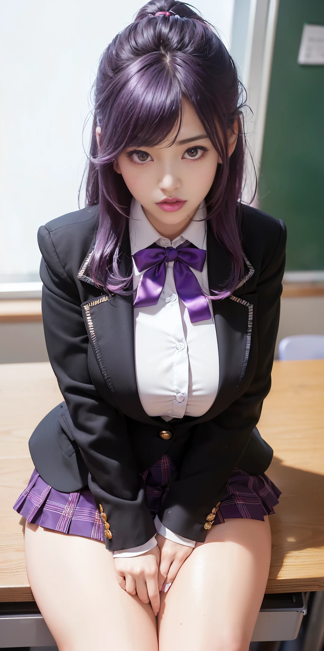 See-through OL shirt, purple、transparent erect nipples、Big Tits、Transparent OL shirt、See-through pantyhose、Transparent pantyhose、classroom、On campus、School、tie、Pussy line、Bite、Spread your legs、Purple hair