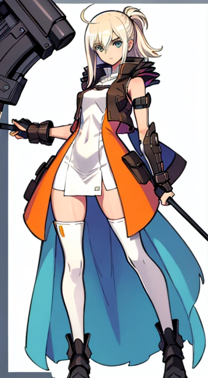 (((Best Quality))) , ((full body)), female, character design, solo, (white background), holding axe, gauntlets, waist armor, thigh high, side slit trench skirt, blue, orange, green, violet, brown, white, colorful outfit, vest, bare arms, bareback, tactical vest,
