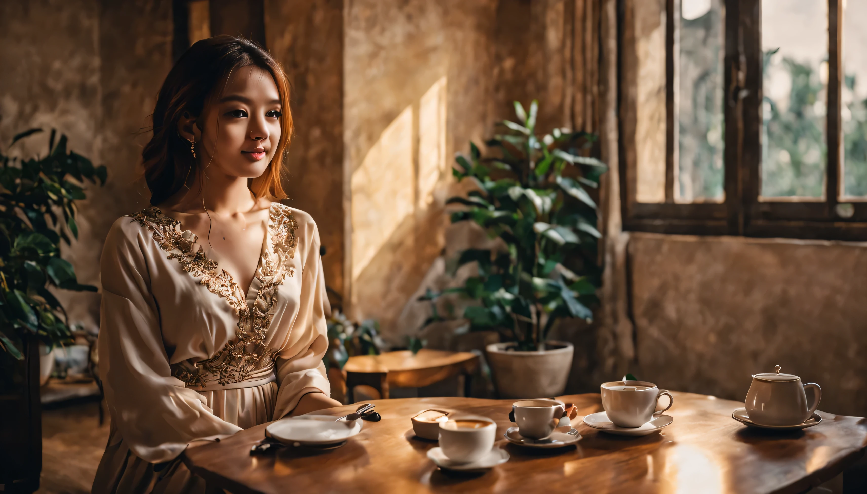 A woman is sitting at the coffee table,There was a coffee cup on the table, upper part of body,cute female student, dressed sober clothes