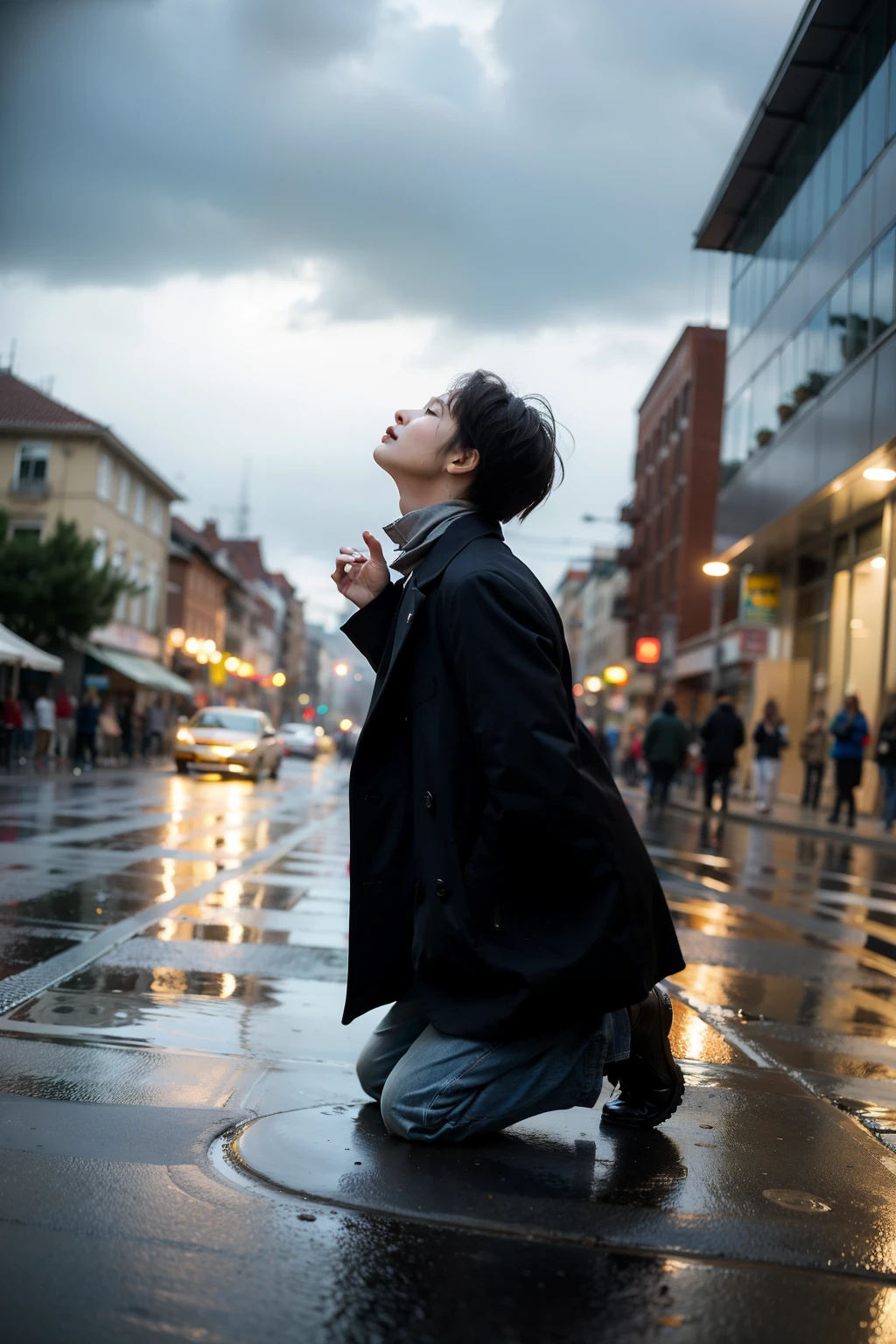 Gloomy sky,Streets on rainy days,people kneeling on the ground,Looking up to the proud king。