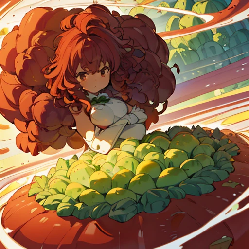 A heavily armored oversized Afro girl in vegetable custard cake armor who serves an oversized vegetable.、Amazing dynamism、Amazing Angle、unstable anti-gravity sandstorm、((((Many friendly red vegetables are closely floating and chasing each other.))))、((surround each other&#39;large white vegetables))、(((Scattered spiral yellow vegetables)))